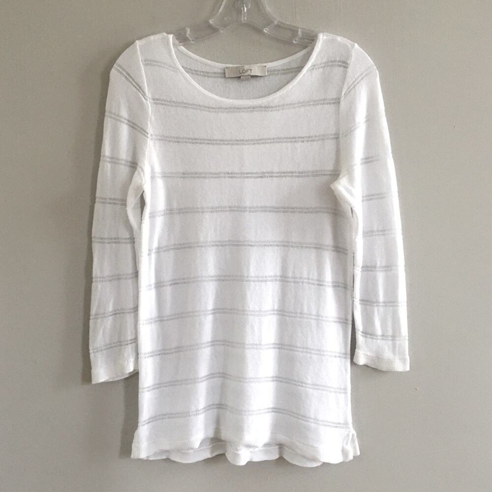 LOFT White Striped Cropped Sleeve Lightweight Cotton Crewneck Sweater Size Small